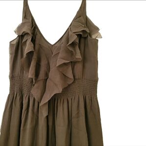 Rebecca Taylor Espresso Brown Silk Crepe Maxi Dress Sleeveless Ruffle Size 10